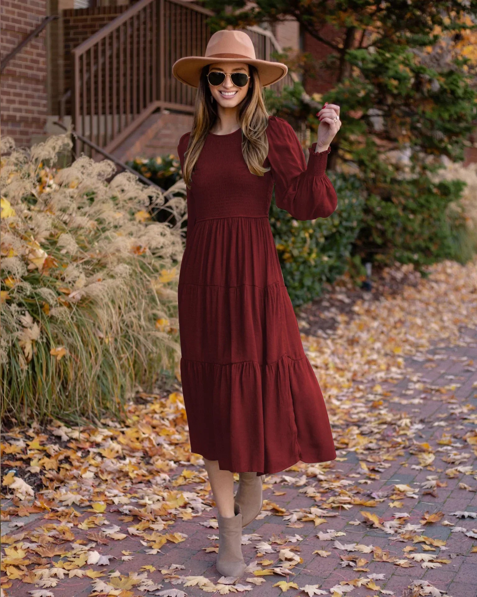 Midi Dresses- Boho Solid Tiered Midi Dress with Long Sleeves- - Chuzko Women Clothing