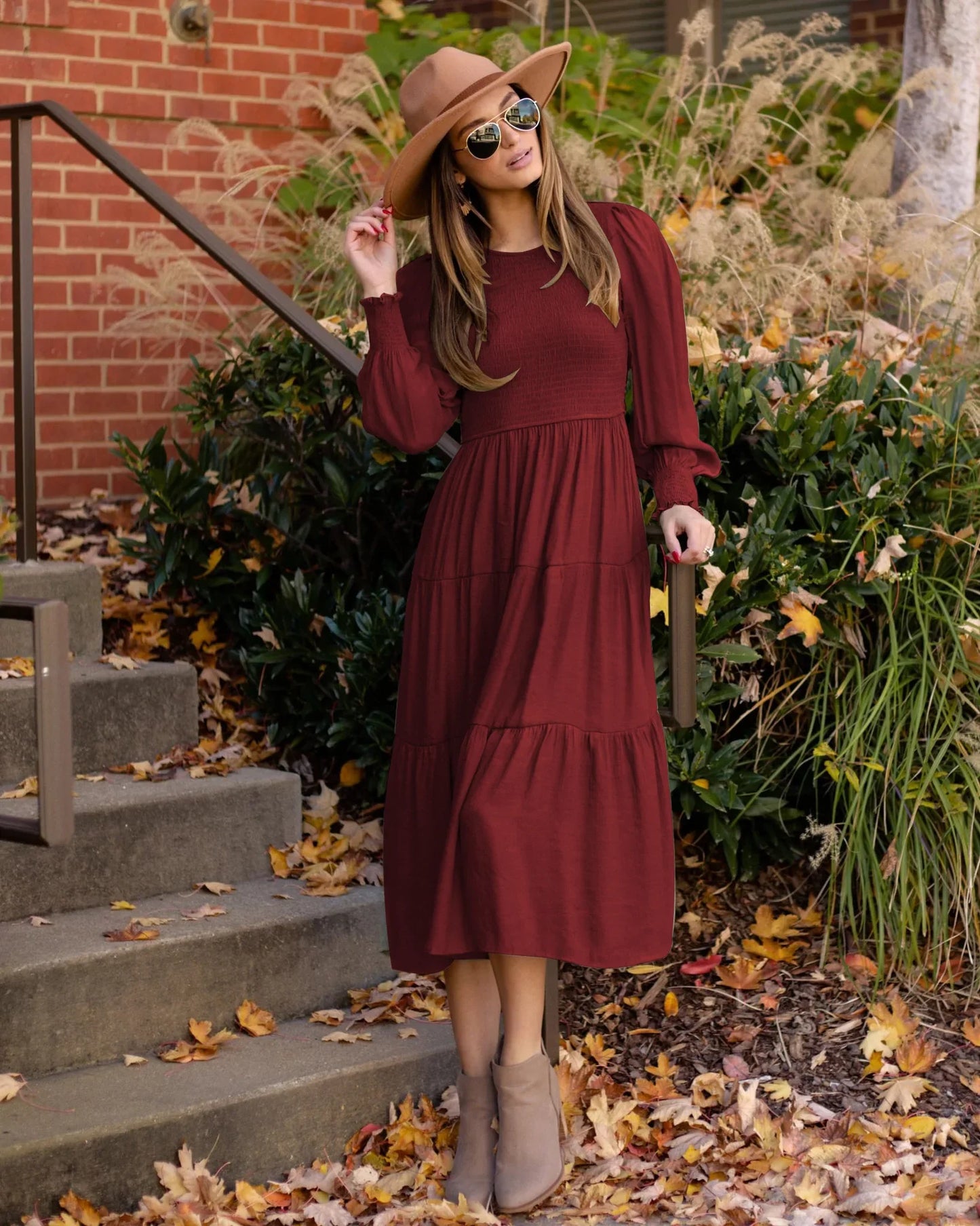 Midi Dresses- Boho Solid Tiered Midi Dress with Long Sleeves- - Chuzko Women Clothing