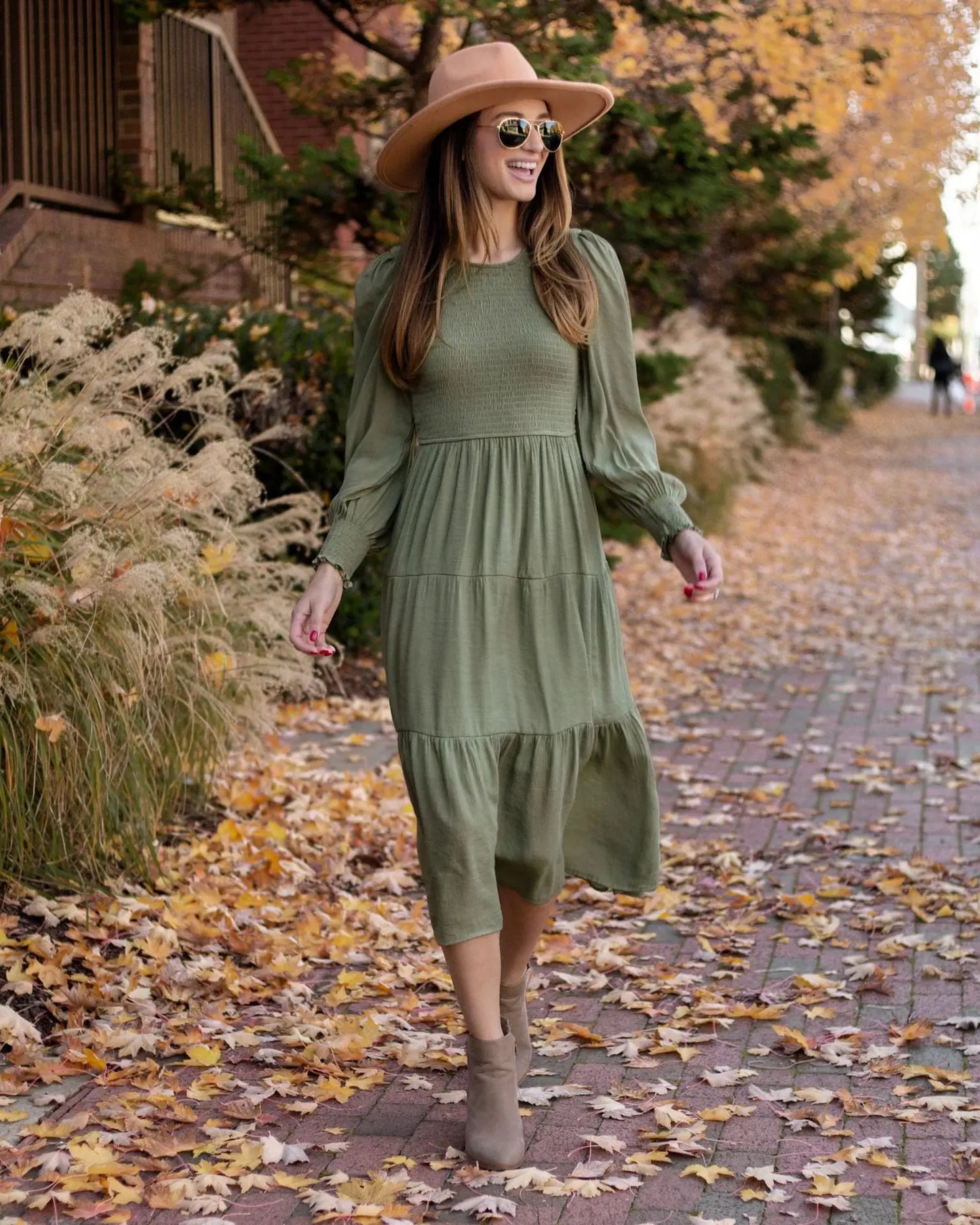 Midi Dresses- Boho Solid Tiered Midi Dress with Long Sleeves- - Chuzko Women Clothing