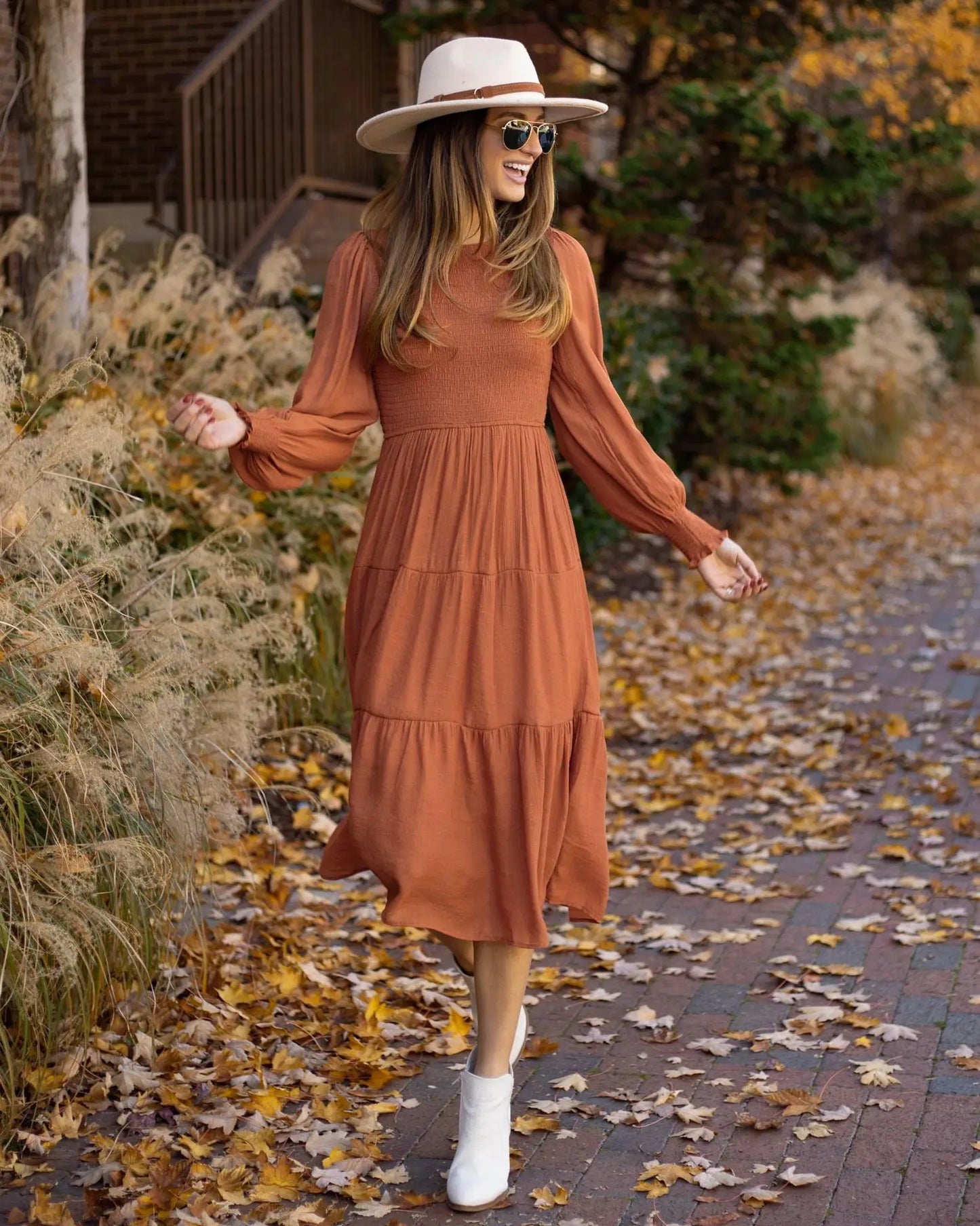 Midi Dresses- Boho Solid Tiered Midi Dress with Long Sleeves- Khaki- Chuzko Women Clothing