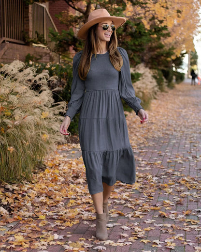 Midi Dresses- Boho Solid Tiered Midi Dress with Long Sleeves- Gray- Chuzko Women Clothing