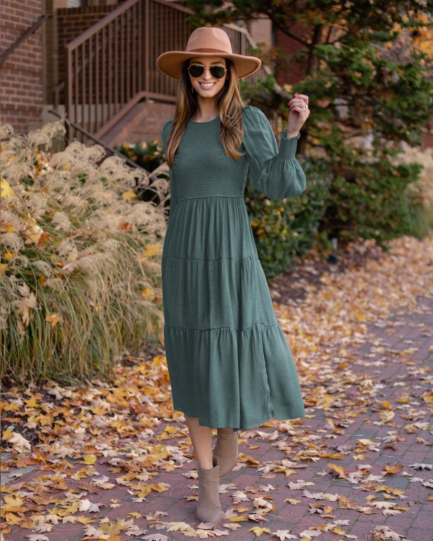 Midi Dresses- Boho Solid Tiered Midi Dress with Long Sleeves- Dark Green- Chuzko Women Clothing