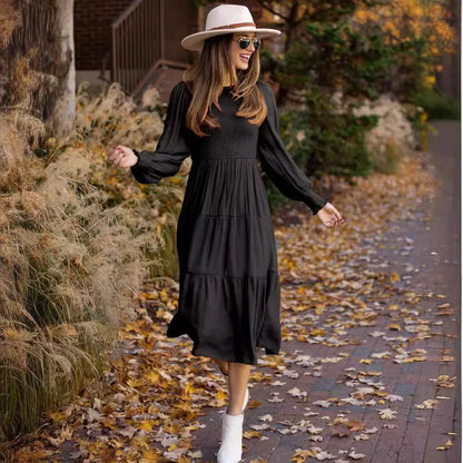 Midi Dresses- Boho Solid Tiered Midi Dress with Long Sleeves- Black- Chuzko Women Clothing