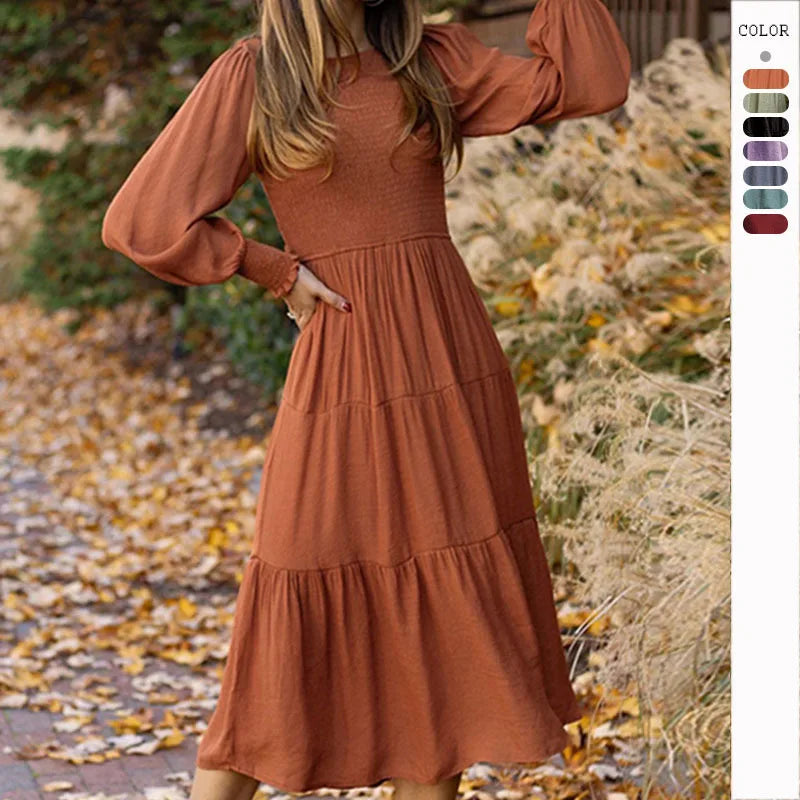 Midi Dresses- Boho Solid Tiered Midi Dress with Long Sleeves- - Chuzko Women Clothing