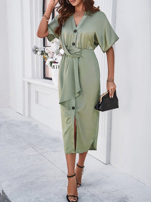 Midi Dresses- Cocktail Women's Knot Waist Button-Up Midi Dress with Short Sleeves- Green- Pekosa Women Fashion