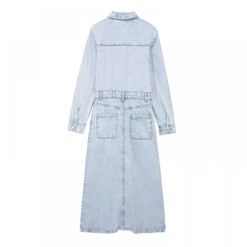 Midi Dresses- Collared Denim Shirt Midi Dress with Long Sleeves- - Chuzko Women Clothing