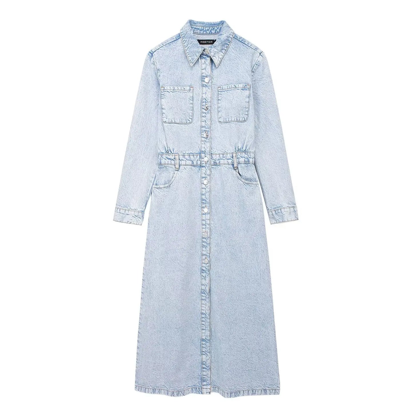 Midi Dresses- Collared Denim Shirt Midi Dress with Long Sleeves- Blue- Chuzko Women Clothing