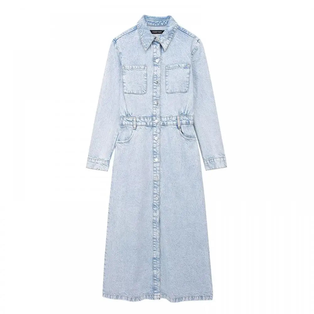 Midi Dresses- Collared Denim Shirt Midi Dress with Long Sleeves- - Chuzko Women Clothing