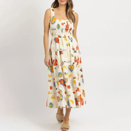 Midi Dresses- Colorful Seafood Print Midi Dress for Women- Seafood Print- Chuzko Women Clothing