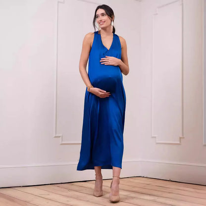 Midi Dresses - Elegant A-Line Maternity Midi Dress with Bow Detail