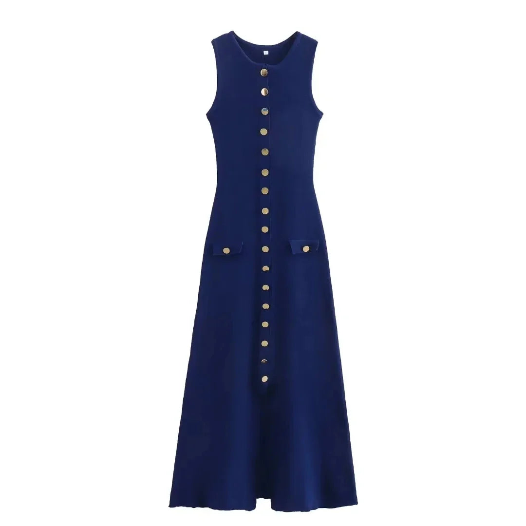 Midi Dresses- Elegant Day-to-Night Sleeveless Button-Front Dress in Knit- Navy- Chuzko Women Clothing