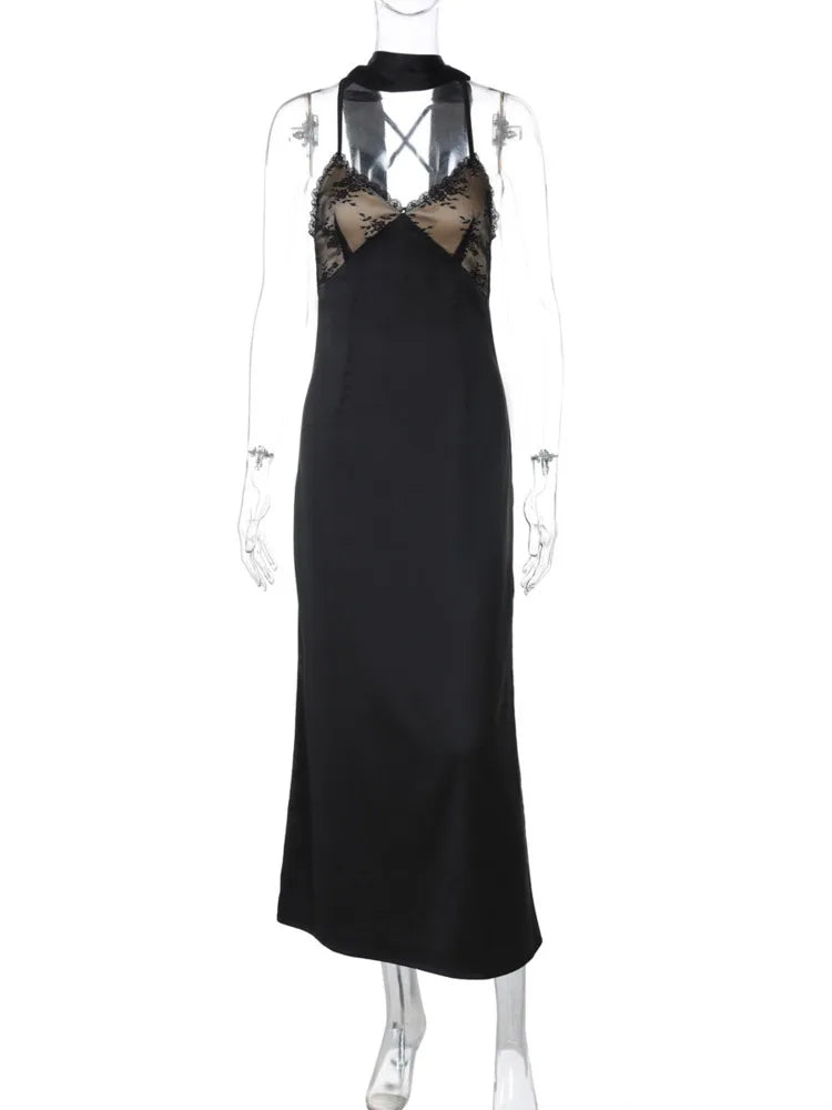 Midi Dresses - Elegant Lace Backless Evening Dress with Scarf