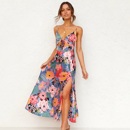 Midi Dresses - Fancy Print A-Line Midi Dress with Tie Front