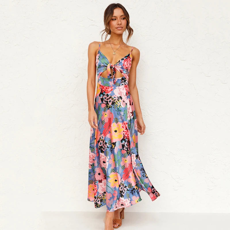 Midi Dresses - Fancy Print A-Line Midi Dress with Tie Front