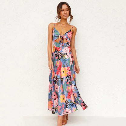 Midi Dresses - Fancy Print A-Line Midi Dress with Tie Front