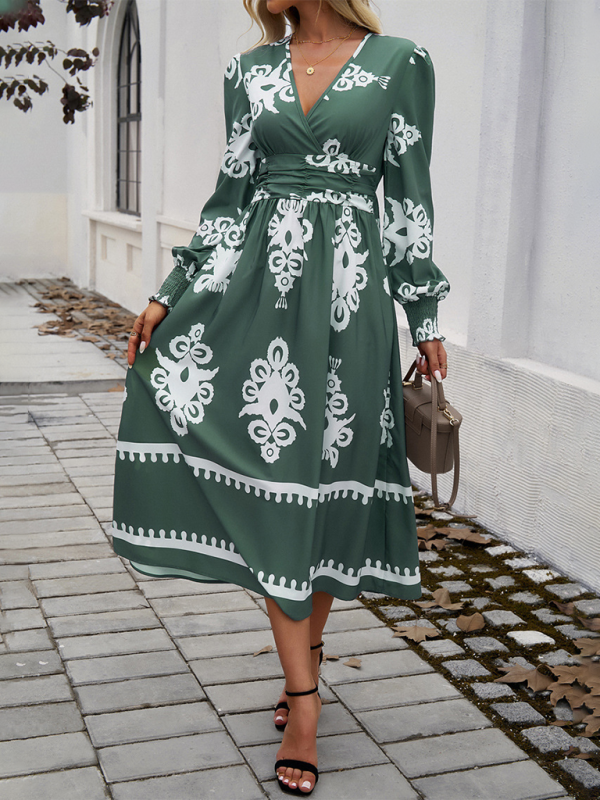 - Flawlessly Floral Elegant Midi Dress for All Seasons- Olive green- Pekosa Women Fashion