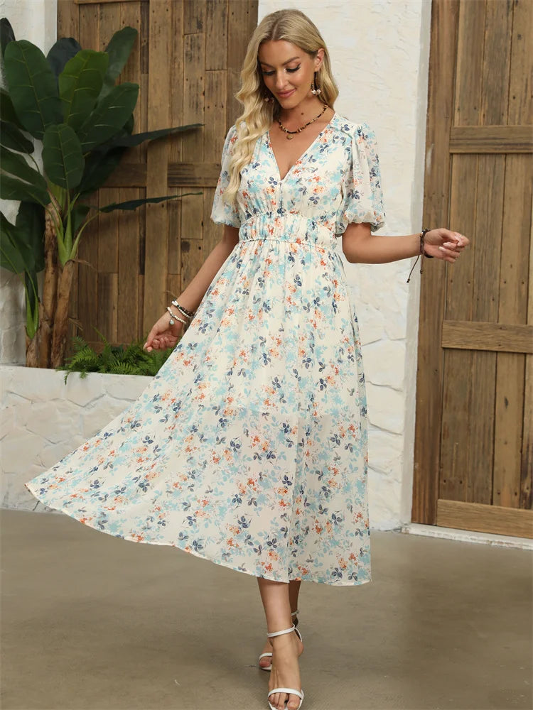 Midi Dresses - Floral Chiffon Midi Dress with V-Neck - Light and Airy