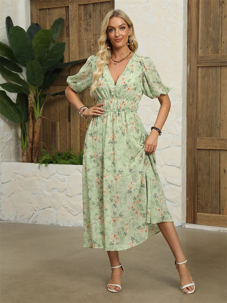 Midi Dresses - Floral Chiffon Midi Dress with V-Neck - Light and Airy