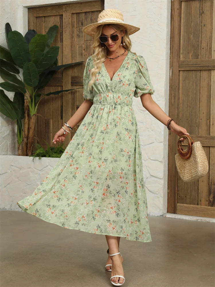 Midi Dresses - Floral Chiffon Midi Dress with V-Neck - Light and Airy