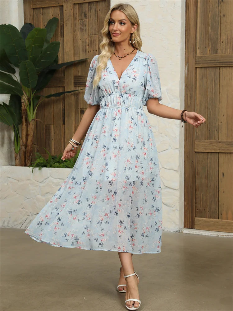 Midi Dresses - Floral Chiffon Midi Dress with V-Neck - Light and Airy