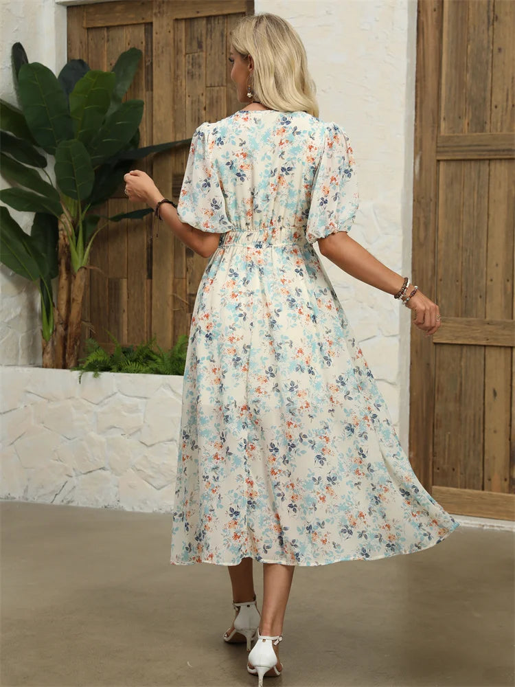 Midi Dresses - Floral Chiffon Midi Dress with V-Neck - Light and Airy