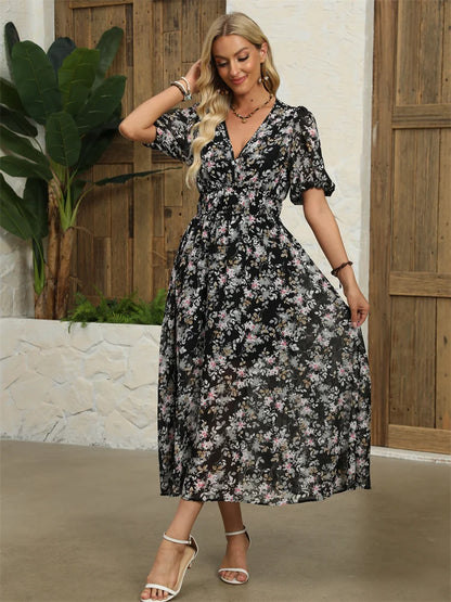 Midi Dresses - Floral Chiffon Midi Dress with V-Neck - Light and Airy