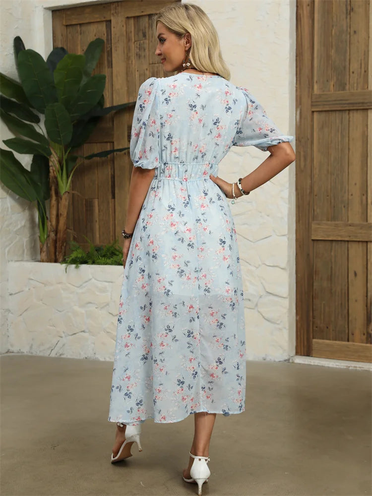 Midi Dresses - Floral Chiffon Midi Dress with V-Neck - Light and Airy