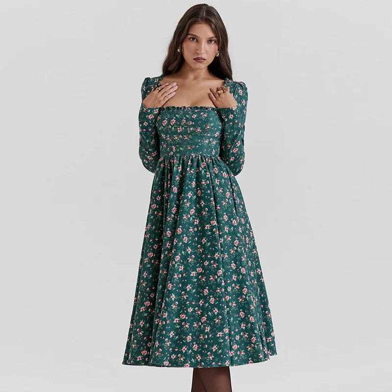 Midi Dresses - “Floral Pleated Midi Dress with Ruffle Sleeves”