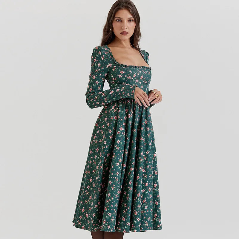 Midi Dresses - “Floral Pleated Midi Dress with Ruffle Sleeves”