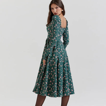 Midi Dresses - “Floral Pleated Midi Dress with Ruffle Sleeves”