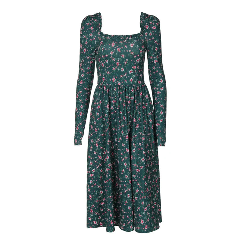 Midi Dresses - “Floral Pleated Midi Dress with Ruffle Sleeves”