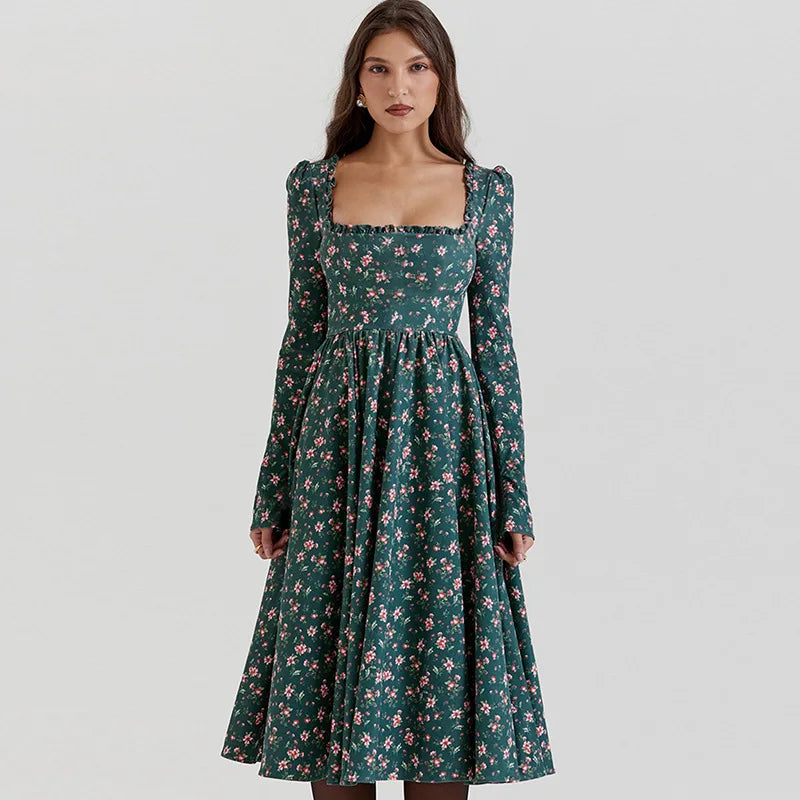 Midi Dresses - “Floral Pleated Midi Dress with Ruffle Sleeves”