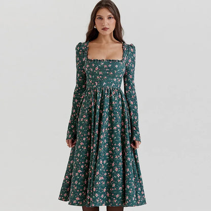 Midi Dresses - “Floral Pleated Midi Dress with Ruffle Sleeves”