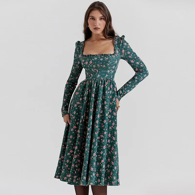 Midi Dresses - “Floral Pleated Midi Dress with Ruffle Sleeves”