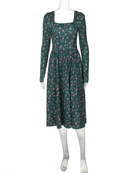 Midi Dresses - “Floral Pleated Midi Dress with Ruffle Sleeves”