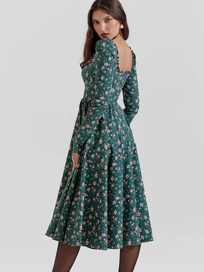 Midi Dresses - “Floral Pleated Midi Dress with Ruffle Sleeves”