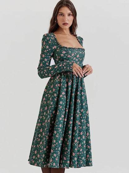 Midi Dresses - “Floral Pleated Midi Dress with Ruffle Sleeves”