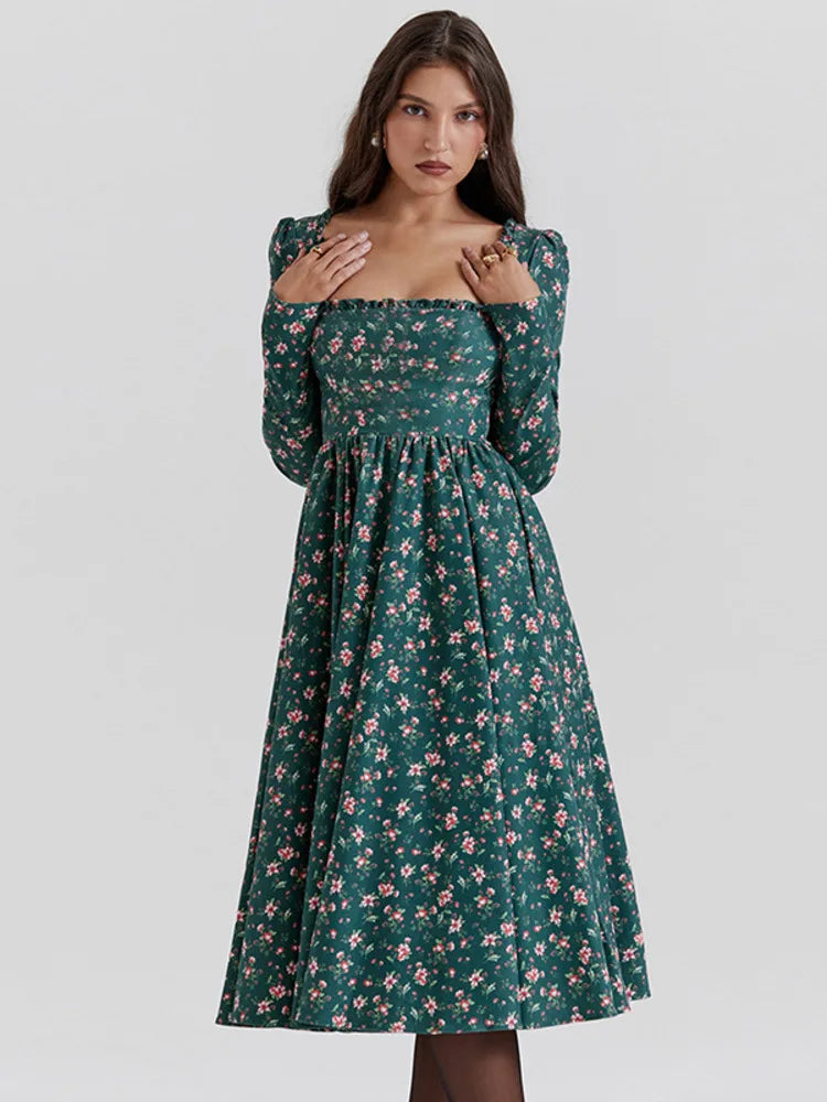 Midi Dresses - “Floral Pleated Midi Dress with Ruffle Sleeves”