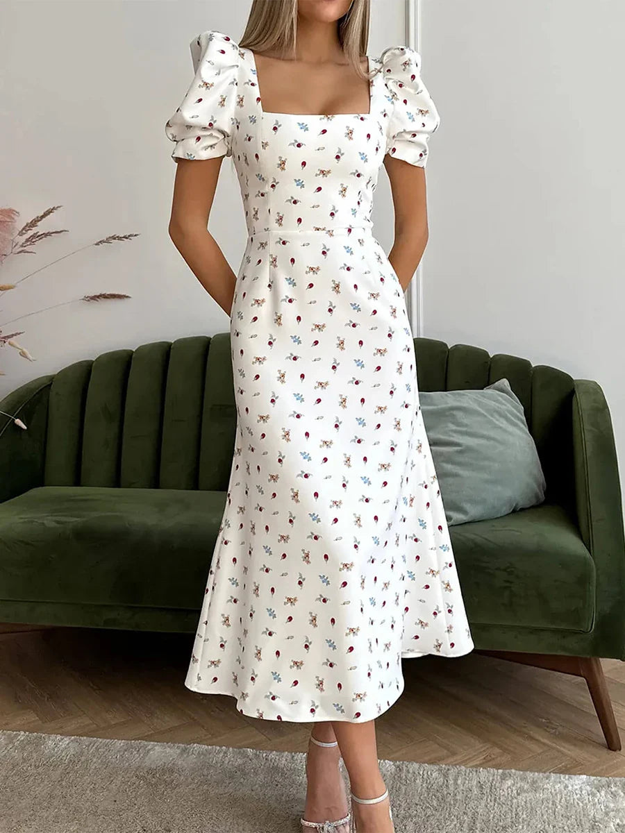 Midi Dresses- Floral Puff Sleeve Tea Dress for Weddings- Floral Print- Chuzko Women Clothing