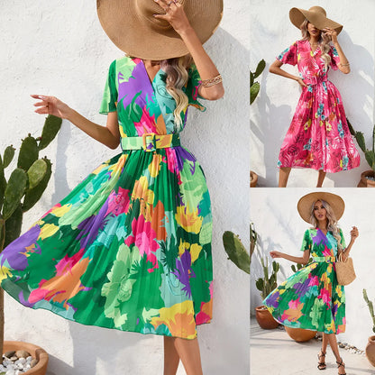 Midi Dresses- Floral Wrap Belted Dress for Garden Parties- - Chuzko Women Clothing