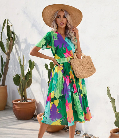 Midi Dresses- Floral Wrap Belted Dress for Garden Parties- - Chuzko Women Clothing