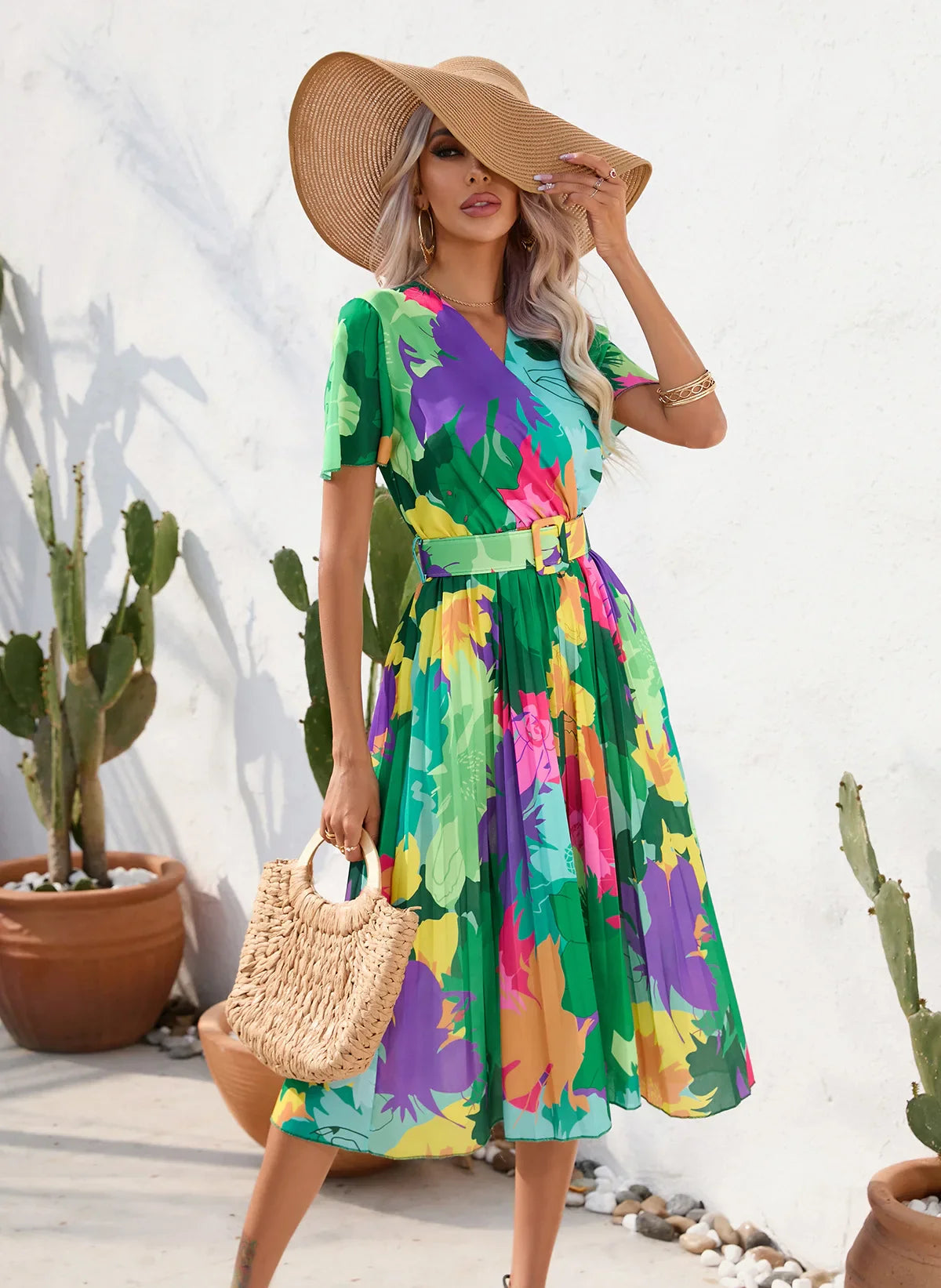 Midi Dresses- Floral Wrap Belted Dress for Garden Parties- Green- Chuzko Women Clothing