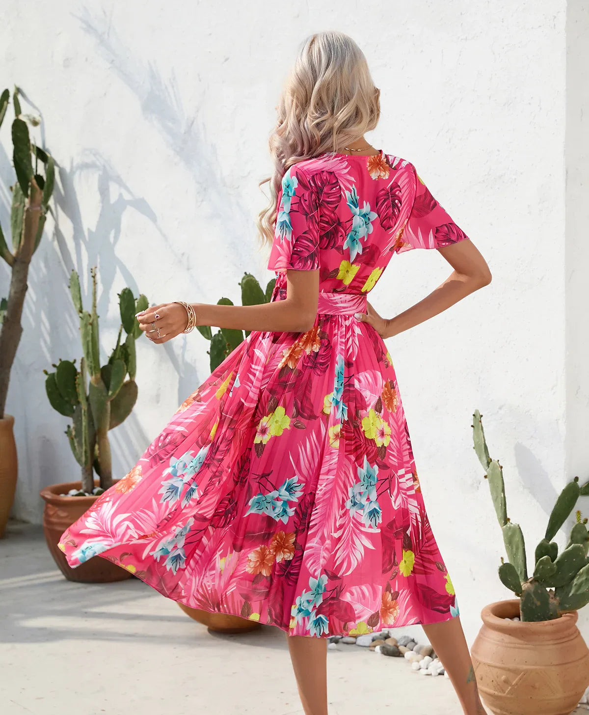 Midi Dresses- Floral Wrap Belted Dress for Garden Parties- - Chuzko Women Clothing