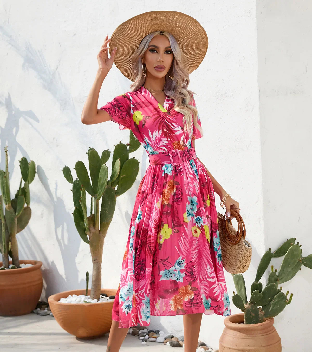 Midi Dresses- Floral Wrap Belted Dress for Garden Parties- - Chuzko Women Clothing