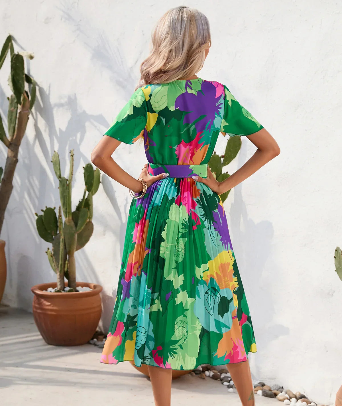 Midi Dresses- Floral Wrap Belted Dress for Garden Parties- - Chuzko Women Clothing