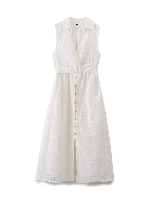 Midi Dresses- Garden Collared Eyelet Embroidered Summer Tea Dress- White- Pekosa Women Fashion