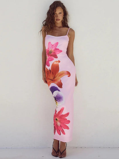 Midi Dresses- Floral Print Midi Dress for Garden Parties- Pink- Pekosa Women Fashion