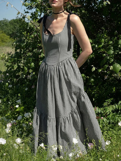 Midi Dresses - Garden Plaid Midi Dress with Tie Shoulders