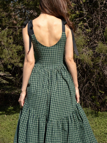 Midi Dresses - Garden Plaid Midi Dress with Tie Shoulders