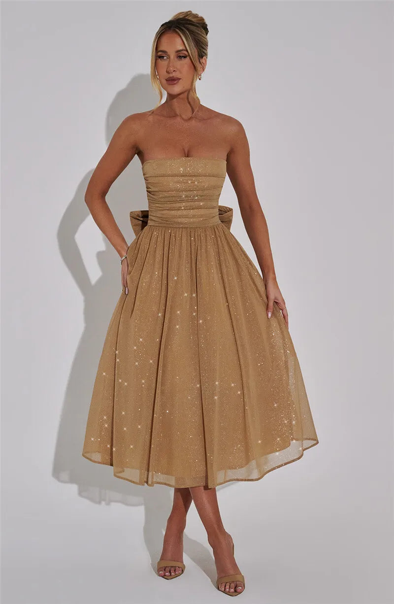 Midi Dresses - Glitter Midi Dress Strapless with Back Bow Charm